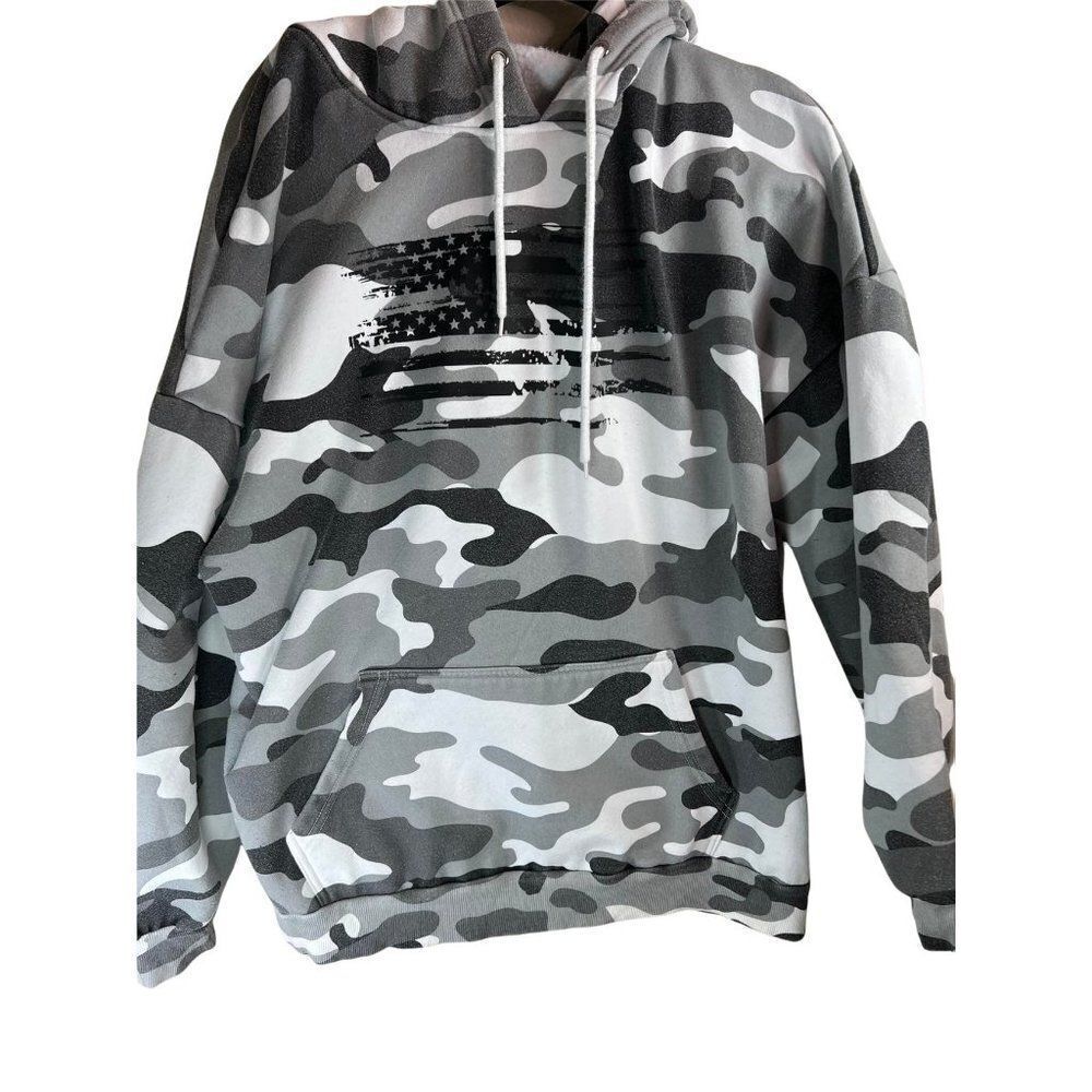 Authentic Wear Distressed American Flag Camouflage Hoodie.  Grey.  Size XL